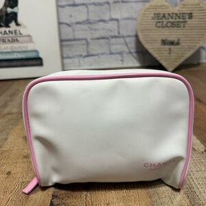 Authentic Chanel Parfums Cosmetic Makeup Bag White Canvas Pink Trim